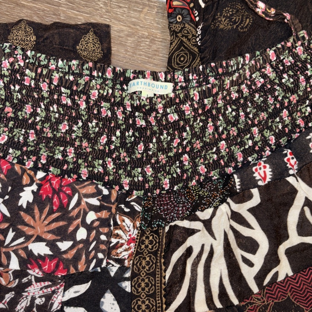 Earthbound Trading Co. Pants Womens L Brown Floral Boho Flare Patchwork Festi - Picture 5 of 7